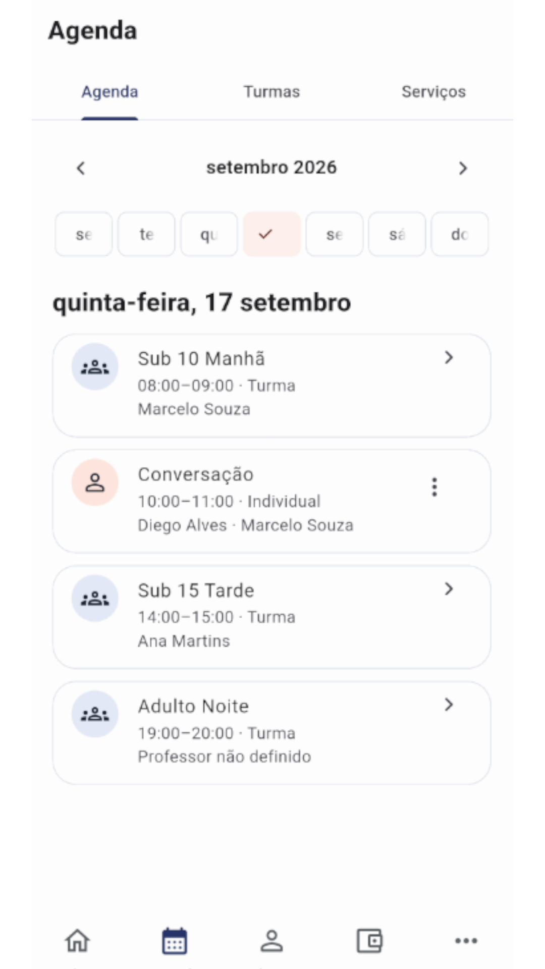 Agenda unificada com dados demonstrativos