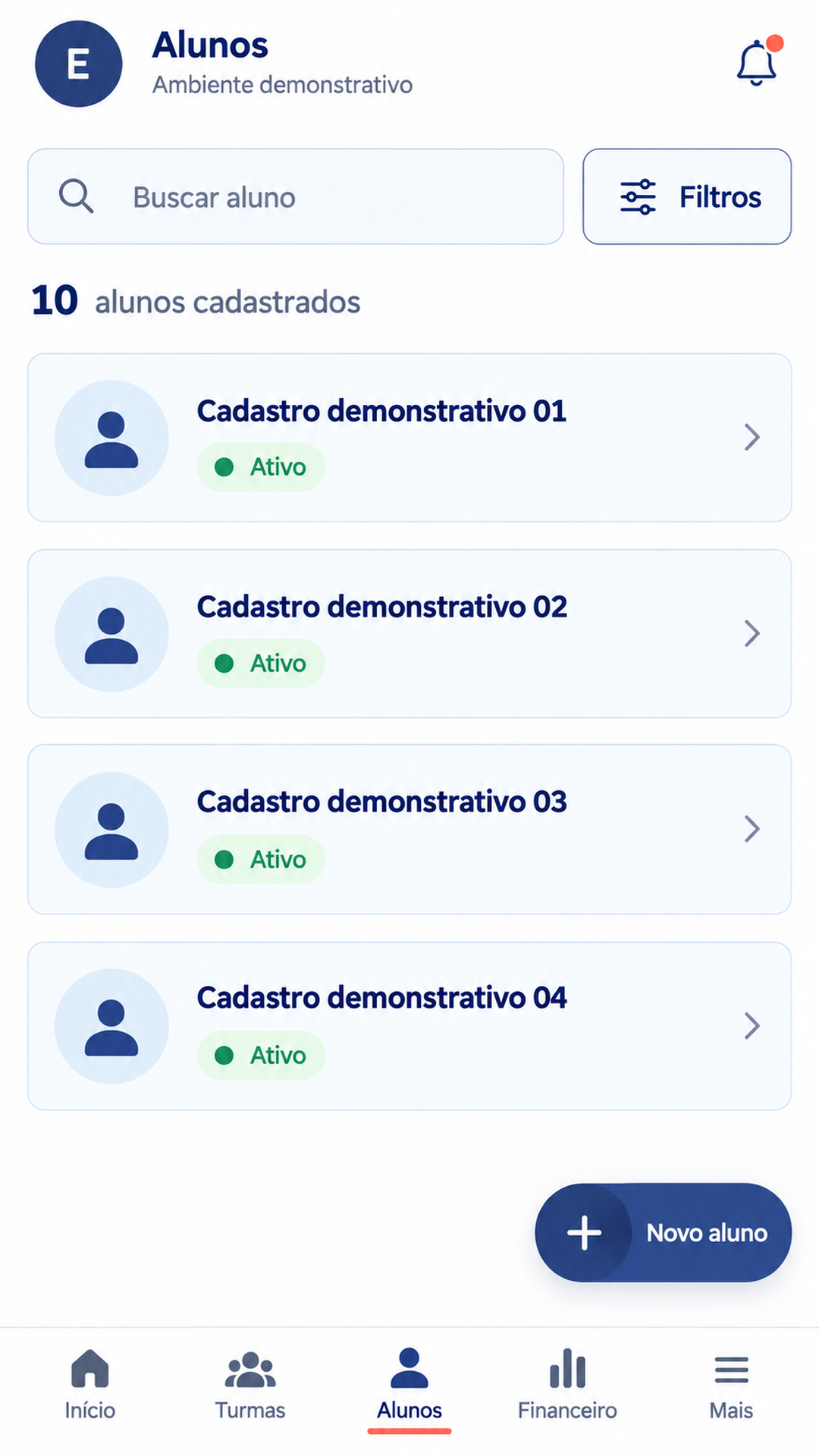 Tela demonstrativa de cadastro de alunos