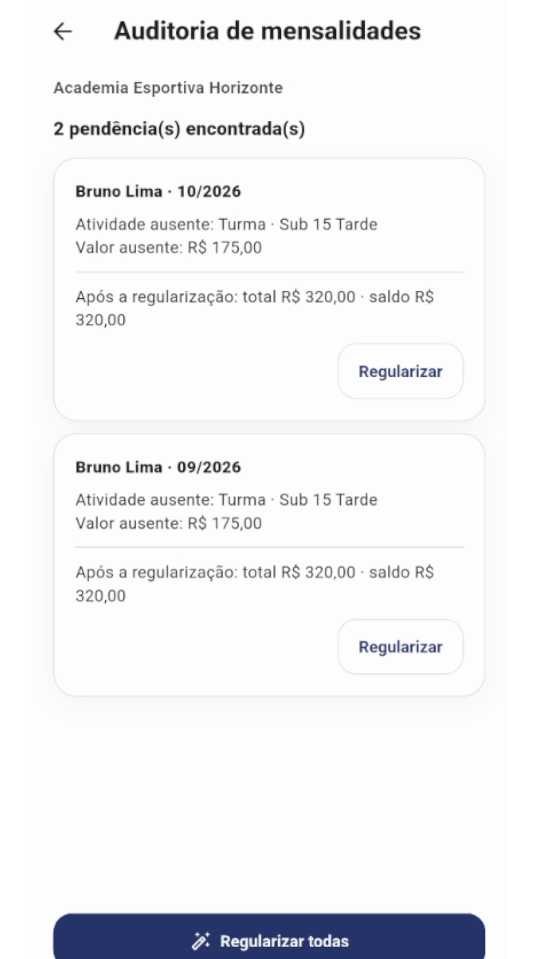 Auditoria de mensalidades com dados demonstrativos