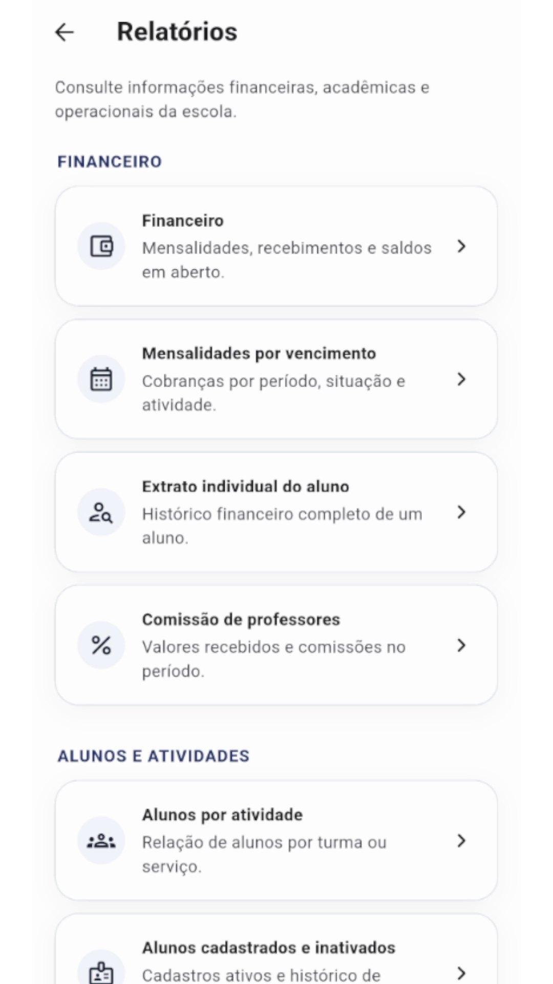 Central de Relatórios com dados demonstrativos