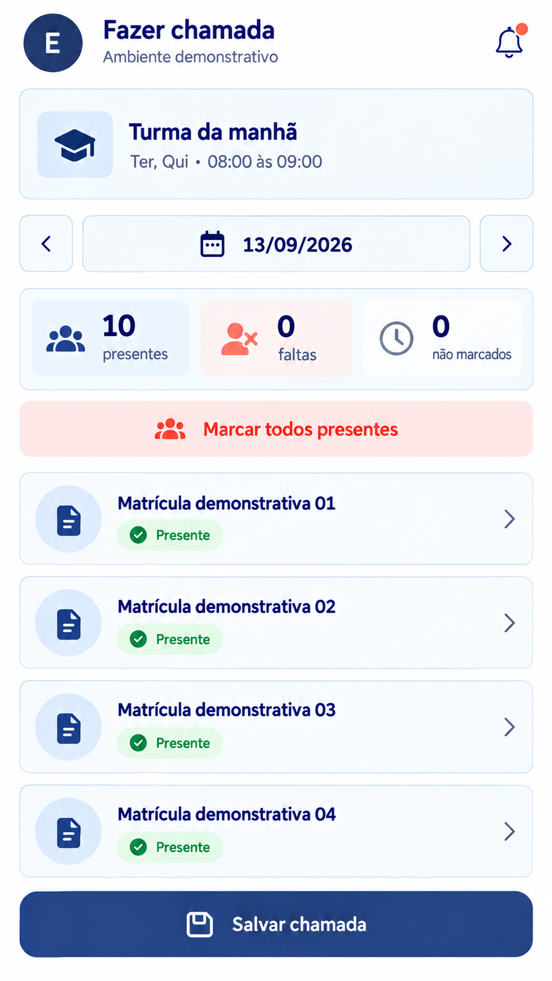 Tela demonstrativa de chamada