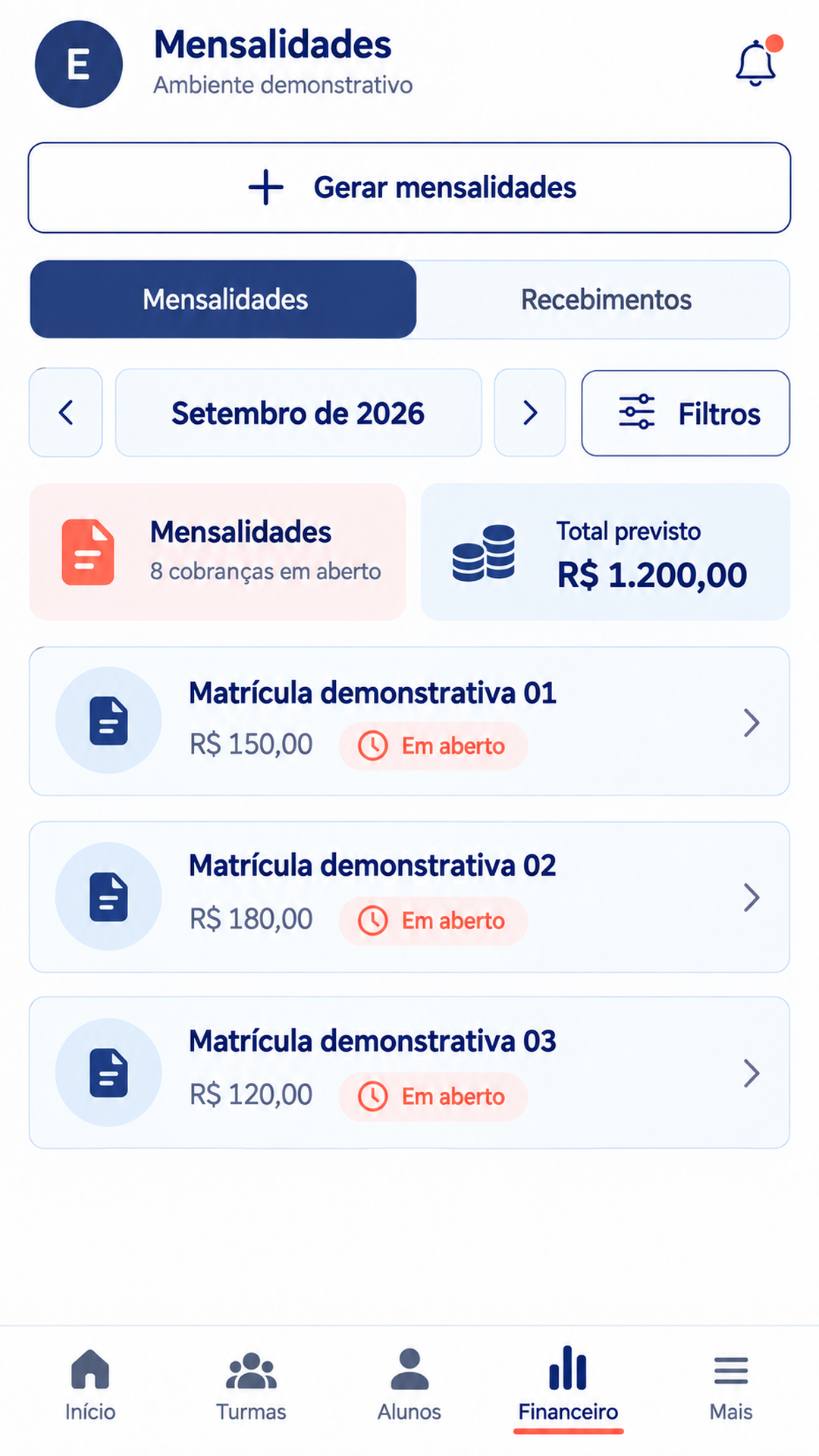 Tela demonstrativa de mensalidades