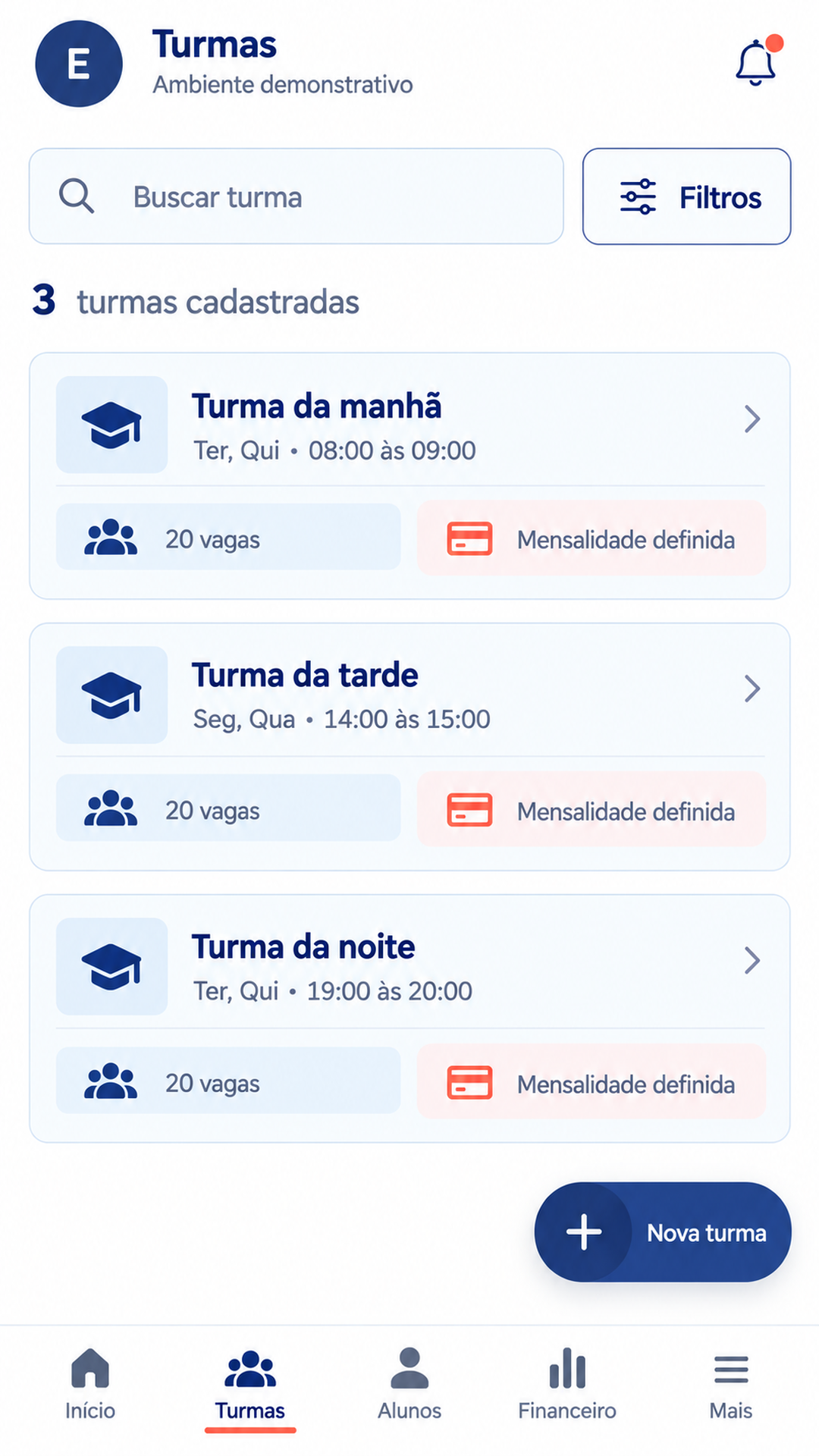 Cadastro demonstrativo de turma